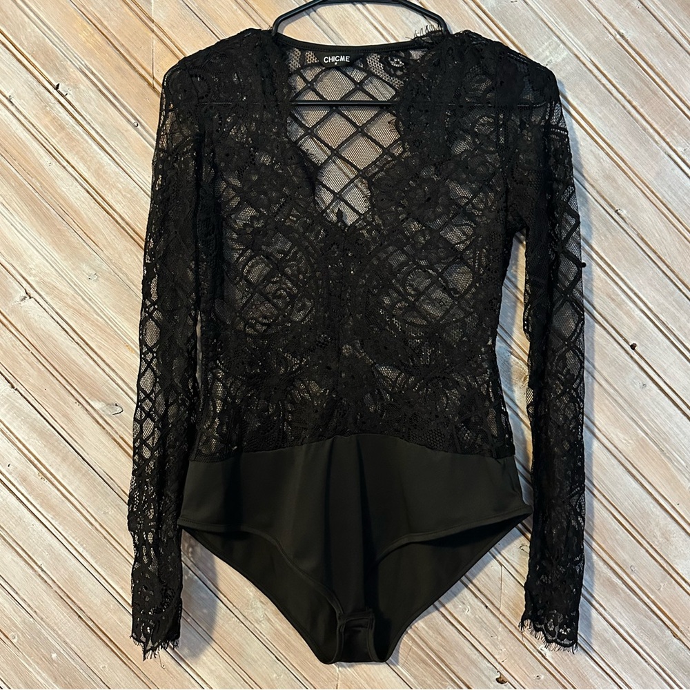 Chicme Deep V Neck Long Sleece Elegant Black Lace Bodysuit See Through Mesh Slip